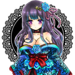  bare_shoulders black_baccara_(flower_knight_girl) blue_flower blue_kimono blue_rose blunt_bangs blush breasts choker cleavage commentary_request doroppu dress female flower flower_knight_girl hair_flower hair_ornament hairclip japanese_clothes kimono large_breasts long_hair obi off-shoulder_dress off_shoulder print_kimono purple_eyes purple_hair rope rose sash solo thorn_print upper_body 