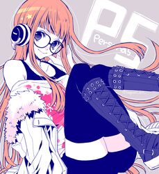  behind-the-head_headphones black_eyes boots commentary_request copyright_name cross-laced_footwear female fur-trimmed_jacket fur_trim glasses headphones jacket knee_boots lace-up_boots long_hair looking_at_viewer orange_hair persona persona_5 pollyanna-eri sakura_futaba smile solo thighhighs 