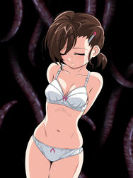  arms_behind_back bow bow_bra bow_panties bra breasts brown_hair closed_eyes closed_mouth collarbone commentary_request cowboy_shot dutch_angle facing_viewer female gegege_no_kitarou hair_ornament hairclip head_tilt inferno_(nanbu14) inuyama_mana lace lace-trimmed_bra lace_trim lips medium_breasts navel panties short_hair short_ponytail skindentation solo tentacle thighs underwear white_bra white_panties 