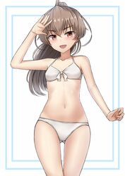  :d arm_at_side arm_up armpits ass_visible_through_thighs bad_id bad_nicoseiga_id bare_shoulders bikini blush brown_eyes brown_hair collarbone cowboy_shot eyebrows female flat_chest high_ponytail highres long_hair looking_at_viewer md5_mismatch miyako_(yakob_labo) navel oerba_yun_fang open_mouth original ponytail simple_background smile solo standing stomach swimsuit teeth thigh_gap white_background white_bikini yakob_labo 