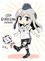  2016 ^^^ adidas bad_id bad_twitter_id ball black_hat black_shorts black_socks blue_eyes blush character_name chibi clothes_writing emphasis_lines euro_2016 female full_body garrison_cap germany gym_shorts hat jersey kantai_collection kicking kinosuke_(sositeimanoga) kneehighs logo long_hair looking_at_viewer outstretched_arms short_sleeves shorts soccer soccer_ball soccer_uniform socks solo sportswear star_(symbol) u-511_(kancolle) 