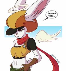  2017 angel angry anthro breasts clothed clothing cross-popping_vein death dedoarts dialogue dragon_ball dragon_ball_super english_text eyelashes female frown fully_clothed fur halo hat headgear headwear lagomorph mammal pink_nose red_eyes scarf signature skvader solo sorrel speech_bubble text vein white_body white_fur wings 