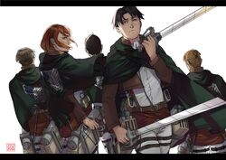  2girls 3boys absurdres auruo_bossard black_hair brown_hair cape commentary_request emblem erd_gin from_behind gunter_shulz highres letterboxed levi_(shingeki_no_kyojin) looking_back multiple_boys multiple_girls paradis_military_uniform petra_ral shanry shingeki_no_kyojin short_hair survey_corps survey_corps_(emblem) sword three-dimensional_maneuver_gear weapon 