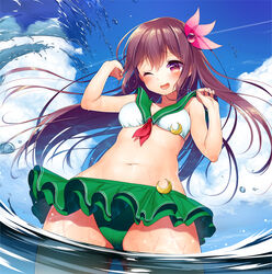  ;d adapted_costume bikini blush brown_hair commentary_request crescent crescent_pin female hair_ornament kantai_collection kisaragi_(kancolle) long_hair minami_(apricot_tea) mismatched_bikini navel one_eye_closed open_mouth outdoors skirt smile solo splashing swimsuit water wet wince 