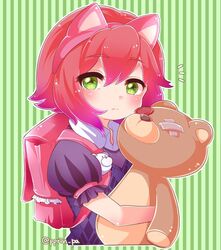  ^^^ animal_ears annie_(league_of_legends) backpack bag closed_mouth commentary_request fake_animal_ears female green_background green_eyes hair_between_eyes holding holding_stuffed_toy league_of_legends looking_at_viewer otani_(kota12ro08) pink_hair puffy_short_sleeves puffy_sleeves short_hair short_sleeves simple_background striped striped_background stuffed_animal stuffed_toy teddy_bear tibbers twitter_username vest 