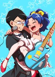  1boy black_hair blue_background blue_hair bow bowtie butler carrying cheek_squash choker closed_eyes commentary_request cowboy_shot dress electric_guitar female glasses guitar hairbow highres instrument kirakira_precure_a_la_mode long_hair microphone mizushima_mitsuyoshi opaque_glasses open_mouth pantyhose precure princess_carry smile star_(symbol) starry_background tategami_aoi uchuu_ika 