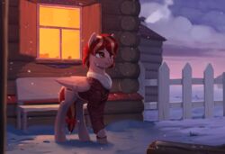  2017 accessory animated bench blinking bow_(feature) bow_accessory bow_ribbon brown_eyes building cabin chimney clothed clothing cloud coat cutie_mark day detailed_background equid equine fan_character feathered_wings feathers female fence feral footprints friendship_is_magic furgonomics hair hasbro hooves house light log mammal multicolored_hair my_little_pony mythological_creature mythological_equine mythology on_bench orange_eyes outside pegasus red_hair ribbons rodrigues404 short_hair short_playtime sky smile smoke snow snowing solo standing tail tail_accessory tail_bow tail_motion tail_ribbon tail_sway topwear two_tone_hair window wings winter wood 