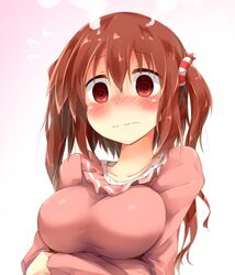  @_@ blush breast_hold breasts brown_eyes brown_hair commentary_request ebina_nana female himouto!_umaru-chan large_breasts rinrin_(927413) solo wavy_mouth 