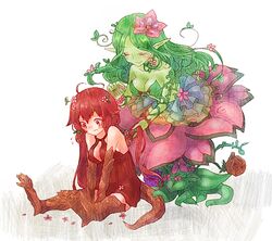  2girls ahoge alraune aluru_(monster_musume) bad_id bad_pixiv_id blush breasts brushing_another&#039;s_hair brushing_hair claws cleavage colored_skin flower green_hair green_skin hair_flower hair_ornament lizard_tail long_hair medium_breasts monster_girl monster_musume_no_iru_nichijou monster_musume_no_iru_nichijou_online multiple_girls plant_girl pointy_ears red_hair reptile_girl sala_(monster_musume) scales simple_background sitting tail tana_(tana_chi35) very_long_hair white_background 