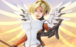  backlighting black_gloves blonde_hair blue_eyes breasts cloud commentary_request eyelashes female from_below gloves glowing glowing_wings gradient halo high_ponytail highres holding holding_weapon horiishi_horuto large_breasts long_hair looking_at_viewer md5_mismatch mechanical_halo mechanical_wings mercy_(overwatch) outstretched_arm overwatch overwatch_1 palms sky solo sun swiss_flag upper_body weapon wing_print wings yellow_wings 