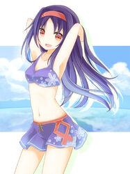  :d armpits arms_behind_head arms_up bad_id bad_pixiv_id bikini bikini_skirt blue_bikini breasts cowboy_shot female hair_intakes hairband headband long_hair looking_at_viewer navel open_mouth photoshop_(medium) purple_hair red_eyes red_headband rmimosa skirt small_breasts smile solo standing swimsuit sword_art_online yuuki_(sao) 