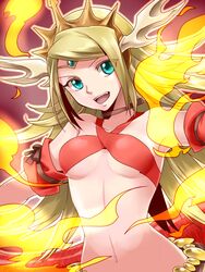  aqua_eyes armband blonde_hair commentary_request echidna_(p&amp;d) female fire hatorion headdress lamia long_hair midriff monster_girl navel open_mouth puzzle_&amp;_dragons 