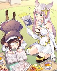  2girls :d animal_ears asymmetrical_legwear black_thighhighs blush brown_hair cat_ears commentary_request crying cup drawing dress elbow_gloves erune eyepatch gloves granblue_fantasy green_eyes grey_hair hair_ornament harvin hat korwa long_hair lunalu_(granblue_fantasy) lying mikan-uji mismatched_legwear multiple_girls on_stomach open_mouth pantyhose pointy_ears sitting sketchbook smile sparkle tea teacup tears thighhighs white_legwear yellow_eyes 