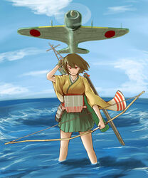  a6m_zero aircraft airplane alternate_eye_color angry archery arrow_(projectile) blue_sky bow_(weapon) breasts brown_hair cloud commentary_request day female flight_deck gloves hiryuu_(kancolle) japanese_clothes kantai_collection kyuudou large_breasts muneate ocean one_side_up partially_fingerless_gloves quiver red_eyes shao_(newton) short_hair single_glove skirt sky straight-on water weapon yugake 