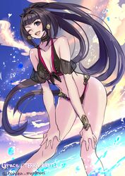  aoi_(kirabosi105) arm_strap bare_shoulders beach bikini black_hair blue_eyes commentary_request female grace_(terra_battle) one_eye_closed outdoors solo sunset swimsuit terra_battle 