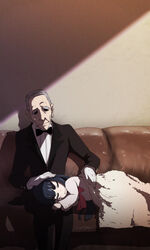  1boy 3: 71_(nanaichi_drafting) aged_down butler commentary_request couch covering_privates female gloves hand_on_another&#039;s_head kill_la_kill kiryuuin_satsuki lap_pillow long_hair photoshop_(medium) sleeping soroi_mitsuzou tuxedo_shirt under_covers 