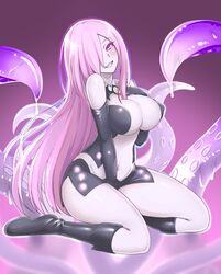  bare_shoulders between_legs black_gloves boots breasts cleavage commentary_request elbow_gloves female gloves grin hair_over_one_eye hand_between_legs head_tilt humanization knee_boots kraken_(monster_girl_encyclopedia) large_breasts long_hair monster_girl monster_girl_encyclopedia navel pink_hair purple_eyes ransusan scylla sitting smile solo suction_cups tentacle very_long_hair 