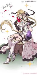  alternate_costume aoi_(kirabosi105) bahl_(terra_battle) blonde_hair braid capelet commentary_request detached_sleeves female flower gloves highres purple_eyes shield sitting terra_battle thighhighs 