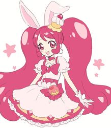  :d animal_ears ariesuzu_(ariessz) bad_id bad_pixiv_id blush bow cake_hair_ornament choker collarbone cure_whip dress earrings eyebrows eyelashes female flat_chest food-themed_hair_ornament frilled_dress frills gloves hair_ornament hairband jewelry kirakira_precure_a_la_mode long_hair magical_girl open_mouth pink_bow pink_choker pink_dress pink_eyes pink_gloves pink_hair pink_hairband pink_theme pom_pom_(clothes) pom_pom_earrings precure rabbit_ears simple_background smile solo star_(symbol) twintails usami_ichika very_long_hair white_background 