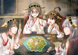  4girls ahoge black_eyes black_hair board_game brown_eyes brown_hair card commentary_request compass detached_sleeves error_musume glasses hairband haruna_(kancolle) hiei_(kancolle) japanese_clothes kantai_collection kirishima_(kancolle) kongou_(kancolle) multiple_girls nontraditional_miko open_mouth raikou_(gotaishu) settlers_of_catan smirk sweatdrop wide_sleeves 