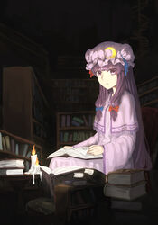  absurdres atkdog book book_on_lap book_stack bookshelf candle candlelight commentary_request crescent crescent_hat_ornament double_bun dress female frown hair_bun hair_ribbon hat hat_ornament highres indoors library long_hair long_sleeves looking_at_viewer mob_cap no_lineart open_book patchouli_knowledge purple_dress purple_eyes purple_hair ribbon shawl sidelocks solo touhou tress_ribbon very_long_hair 