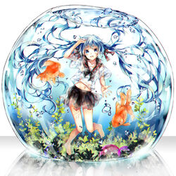  air_bubble aqua_eyes aqua_hair bare_legs barefoot black_bow black_skirt bottle_miku bow bubble commentary_request female fish fishbowl floating_hair full_body goldfish hair_ribbon hand_on_own_head hatsune_miku highres in_container long_hair looking_at_viewer midriff mini_person minigirl navel open_mouth outstretched_hand photoshop_(medium) reflection ribbon sailor_collar school_uniform seaweed see-through serafuku short_sleeves skirt smile solo submerged teka twintails underwater very_long_hair vocaloid water 