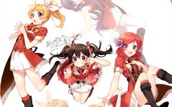  3girls ayase_eli bad_id bad_twitter_id bibi_(love_live!) black_hair blonde_hair blue_eyes bokura_no_live_kimi_to_no_life boots flower hair_flower hair_ornament love_live! love_live!_school_idol_project multiple_girls nishikino_maki ponytail purple_eyes red_eyes red_hair sakura_yuki_(clochette) skirt twintails yazawa_nico 