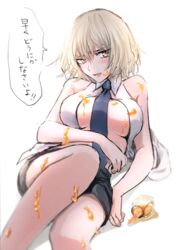  blonde_hair blush breasts clenched_teeth commentary_request cosplay fate/grand_order fate_(series) female honey jar jeanne_d&#039;arc_(fate) jeanne_d&#039;arc_(girl_from_orleans)_(fate) jeanne_d&#039;arc_(girl_from_orleans)_(fate)_(cosplay) jeanne_d&#039;arc_alter_(avenger)_(fate) jeanne_d&#039;arc_alter_(fate) large_breasts long_hair looking_at_viewer lying necktie omizu_(omz) on_back shorts solo speech_bubble teeth translated yellow_eyes 