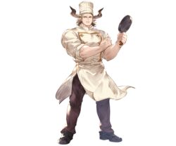  1boy alternate_costume animal_ears apron baotorda blonde_hair blue_eyes chef chef_hat draph frying_pan full_body granblue_fantasy hat horns male_focus minaba_hideo official_art solo transparent_background 