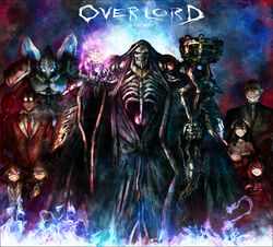  3girls 5boys ainz_ooal_gown albedo_(overlord) aura_bella_fiora beard blonde_hair blue_fire cocytus_(overlord) commentary copyright_name demiurge facial_hair fire formal glasses glowing glowing_eyes heterochromia horns k-suwabe mare_bello_fiore multiple_boys multiple_girls necktie opaque_glasses overlord_(maruyama) pinstripe_pattern pinstripe_suit pointy_ears red_eyes round_eyewear sebas_tian shalltear_bloodfallen skeleton staff striped suit twitter_username 