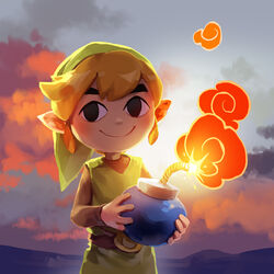  1boy belt_buckle blonde_hair bomb buckle commentary_request dusk explosive hat link niko_geyer pointy_ears smoke the_legend_of_zelda the_legend_of_zelda:_the_wind_waker toon_link tunic 