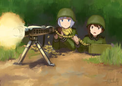  2girls artist_name blue_eyes blue_hair brown_eyes brown_hair commentary_request dated gun hair_ornament hairclip helmet helvetian_military_uniform kannagi_noel kanokoga machine_gun mg42 military military_uniform multiple_girls photoshop_(medium) scarf shell_casing sora_no_woto sorami_kanata uniform weapon 