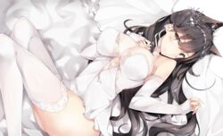  7gao animal_ears atago_(azur_lane) atago_(lily-white_vow)_(azur_lane) azur_lane bed_sheet black_hair blush breasts brown_eyes closed_mouth commentary_request dress elbow_gloves extra_ears female fingerless_gloves garter_straps gloves hair_ribbon highres large_breasts long_hair looking_at_viewer lying mole mole_under_eye official_alternate_costume on_back ribbon sidelocks smile solo swept_bangs thighhighs wedding_dress white_dress white_gloves white_ribbon white_thighhighs 