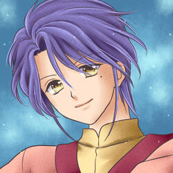  1boy blue_background closed_mouth commentary_request fushigi_yuugi looking_at_viewer male_focus mole mole_under_eye nuriko_(fushigi_yuugi) portrait purple_hair short_hair simple_background smile solo yellow_eyes yuzuki_kaoru 