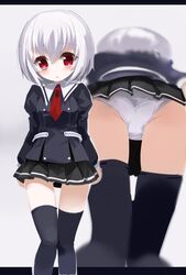  albino ass black_thighhighs commentary_request female kikka_(ukagaka) looking_at_viewer multiple_views necktie pleated_skirt red_eyes school_uniform shirt short_hair skirt taharu_kousuke taromati thighhighs thighs ukagaka upskirt white_hair 