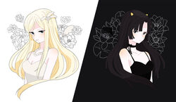  2girls anju_(kyoukai_no_rinne) bare_shoulders black_eyes black_hair blonde_hair blue_eyes blush breasts choker cleavage flower hair_ornament kyoukai_no_rinne long_hair multiple_girls necklace shima_renge wings 