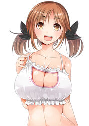  bare_shoulders blush bra breasts brown_eyes brown_hair cat_cutout cat_lingerie cleavage cleavage_cutout clothing_cutout collarbone commentary_request female frilled_bra frills gaichi hair_ribbon idolmaster idolmaster_cinderella_girls large_breasts long_hair looking_at_viewer meme_attire open_mouth ribbon smile solo totoki_airi twintails underwear underwear_only white_bra 