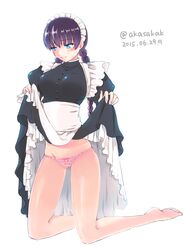  akasakak artist_name bad_id bad_pixiv_id barefoot black_lagoon blue_eyes blush braid clothes_lift dated dress dress_lift female kneeling long_hair maid maid_headdress no_eyewear panties pink_panties purple_hair roberta_(black_lagoon) solo twin_braids twitter_username underwear 