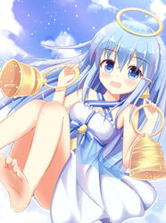  :o bad_id bad_pixiv_id bare_legs barefoot bell bell_earrings bellringer_angel blue_hair blue_sky blush cloud day dress earrings female hair_ornament hairclip halo holding holding_bell jewelry kedama_(kedama_akaza) long_hair looking_at_viewer open_mouth shadowverse sky smile solo white_dress 