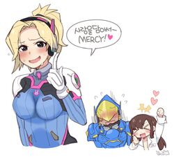  &gt;_&lt; +++ 3girls :d animal_print arm_up armor artist_name bad_id bad_twitter_id blonde_hair blush bodysuit breasts brown_hair closed_eyes commentary cosplay costume_switch d.va_(overwatch) d.va_(overwatch)_(cosplay) embarrassed expressive_clothes facial_mark flying_sweatdrops gloves headset heart helmet high_ponytail ilhi index_finger_raised korean_commentary korean_text long_hair medium_breasts mercy_(overwatch) multiple_girls name_tag open_clothes open_mouth open_shirt overwatch overwatch_1 pharah_(overwatch) power_armor rabbit rabbit_print shirt shouting signature simple_background smile sweat sweatdrop translated whisker_markings xd 