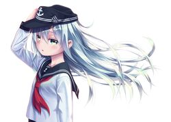  blush commentary_request female green_eyes grey_hair hand_on_headwear hane_yoshiyumi hat hibiki_(kancolle) highres kantai_collection long_hair md5_mismatch school_uniform serafuku solo 