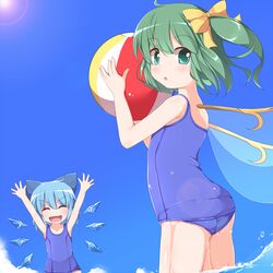  2girls arms_up ball beachball blue_hair blue_sky blush cirno cloud commentary_request daiyousei day fairy_wings green_eyes green_hair hair_ornament hair_ribbon ice ice_wings looking_at_viewer looking_back looking_down multiple_girls nikku_(ra) one-piece_swimsuit open_mouth partially_submerged ribbon school_swimsuit short_hair side_ponytail sky smile sunlight swimsuit touhou wet wings 