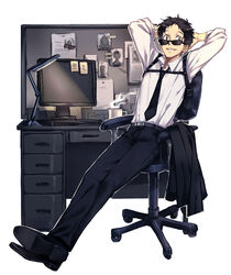  1boy adachi_tooru black_hair chair commentary cup desk lamp male_focus monitor mug necktie office_chair persona persona_4 photo_(object) photoshop_(medium) saeuchobab sunglasses swivel_chair 