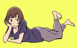  bangs barefoot brown_eyes brown_hair feet female hosoo laying lying monochrome on_stomach original simple_background solo yellow_background 