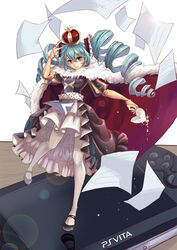  aqua_eyes aqua_hair cape chinese_commentary commentary_request crown ct_wind dress drill_hair female hatsune_miku high-low_skirt long_hair pantyhose paper photoshop_(medium) solo twin_drills twintails very_long_hair vocaloid 