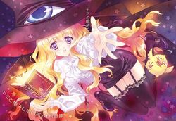  black_thighhighs blonde_hair book carnelian female garter_straps hat ken-chan lilith_(yamibou) long_hair mary_janes open_book open_mouth outstretched_hand purple_eyes shoes solo thighhighs translation_request very_long_hair wavy_hair yami_to_boushi_to_hon_no_tabibito zettai_ryouiki 