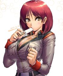  amania_orz belt blush breasts brown_eyes brown_hair collar commentary_request eating female food food_in_mouth gundam gundam_lost_war_chronicles huge_breasts ice_cream looking_at_viewer military military_uniform noel_anderson parted_lips popsicle popsicle_in_mouth shiny_skin short_hair simple_background solo sweat teeth uniform white_background 