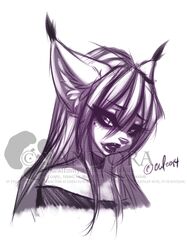  anthro distracting_watermark felid feline female half-closed_eyes lips looking_at_viewer lynx mammal monochrome narrowed_eyes pandora_(artist) solo thick_lips watermark 