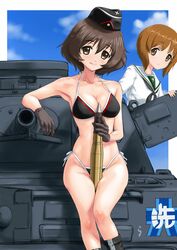  2girls akiyama_yukari bare_shoulders bikini black_bikini black_footwear black_gloves blouse boots breasts brown_eyes brown_hair collarbone commentary_request cross emblem garrison_cap girls_und_panzer gloves groin hat highres holding long_sleeves looking_at_viewer messy_hair military military_vehicle motor_vehicle multiple_girls neckerchief nishizumi_miho ooarai_(emblem) ooarai_school_uniform orange_eyes orange_hair outdoors panzer_iv rasukaru school_uniform serafuku shirt short_hair side-tie_bikini_bottom sitting small_breasts smile swimsuit tank tank_shell variant_set white_shirt 