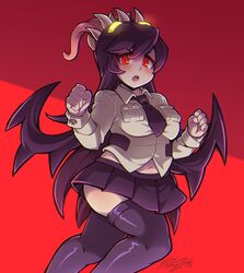  absurdres black_hair commentary_request extra_mouth female fighting_game filia_(skullgirls) highres kaibuzetta leggings living_hair long_hair long_sleeves looking_at_viewer miniskirt necktie open_mouth plump prehensile_hair red_eyes samson_(skullgirls) school_uniform sharp_teeth skirt skullgirls teeth yellow_eyes 